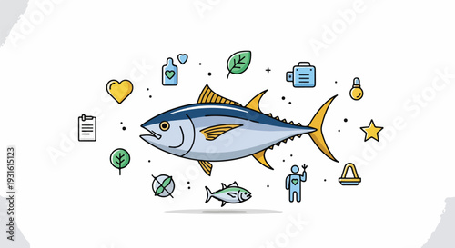 Flat illustration of a tuna fish surrounded by various icons and symbols on a white background with a playful and informative mood.