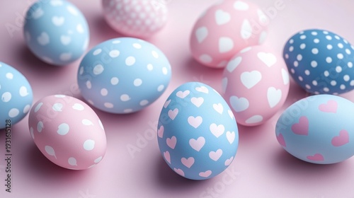 Colorful Eggs With Dots and Hearts on a Pink Background for Spring Celebratio...
