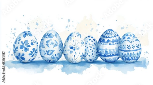 Soft Blue Eggs Arranged in a Pile on a Light Blue Background With Watercolor ...