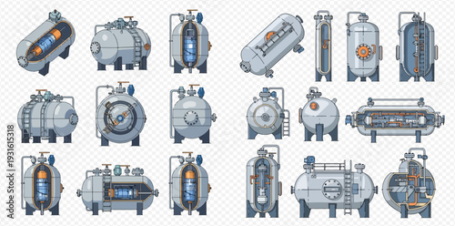 Set of industrial tanks and pressure vessels for chemical, oil, and gas industries, with detailed cross-sections.