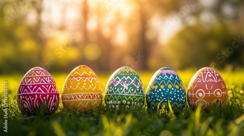 Colorful Easter Eggs Lined up on Green Grass During Sunset in a Garden