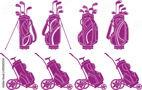 Set of eight purple golf bag illustrations featuring various styles including standing bags with clubs and portable golf pull carts on white.