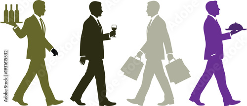 Set of four colorful silhouettes featuring men in suits engaged in high end hospitality services including carrying wine bottles, shopping, and serving.