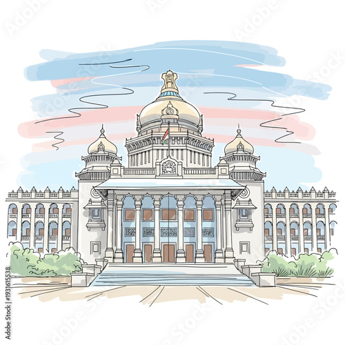 Illustration of a grand government building with a golden dome and classical architecture.