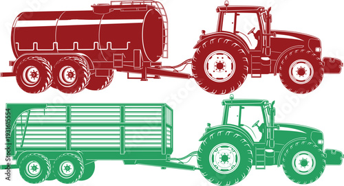 Set of red and green tractor illustrations with agricultural trailers, featuring a large tanker for liquid transport and a farm grain trailer.