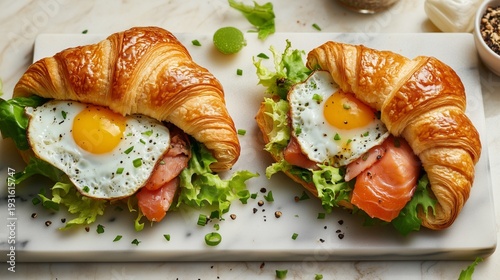 Crispy Croissant With Smoked Salmon and Egg Served on a Marble Platter With S...
