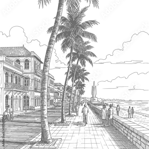 Palm trees lining a seaside promenade with people walking.