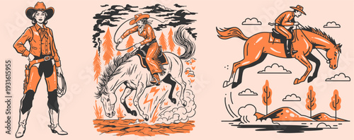 Western cowboy illustration design. Wild west rodeo event artwork. Cowgirl riding horse graphic. Equestrian sport vector art. American country lifesty