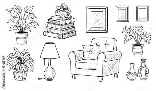 Hand Drawn Home Decor Sketch Collection Armchair Plants Books Vector on White