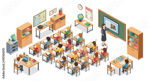 isometric classroom with students and teacher