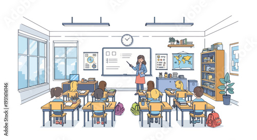 classroom illustration, teacher and students in a modern classroom