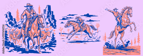 Cowboy artwork for t-shirt. Western adventure graphic design. Horse rider rodeo illustration. Wild West vintage print. Freedom of the West.