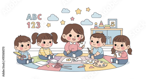 happy children drawing and learning together