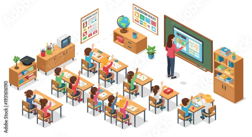 classroom with students and teacher, education concept