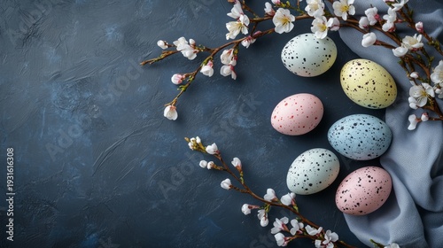 Brightly Colored Easter Eggs on a Dark Background With Blue Fabric Around Them