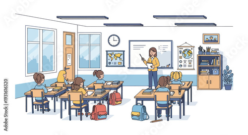 cartoon classroom with teacher and students