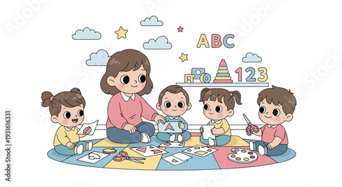 happy kids learning with teacher on colorful mat