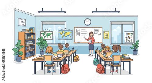 kids in classroom with teacher writing on board