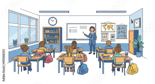 teacher explaining lesson to students in classroom