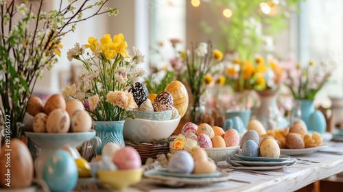 Colorful Decorations and Flowers on a Table for an Easter Celebration in a Br...