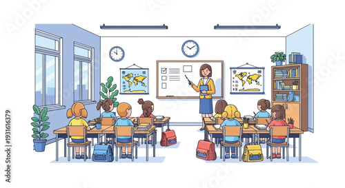 teacher explaining lesson to students in classroom