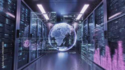 Dimly lit futuristic data center hallway with illuminated server racks and holographic interface