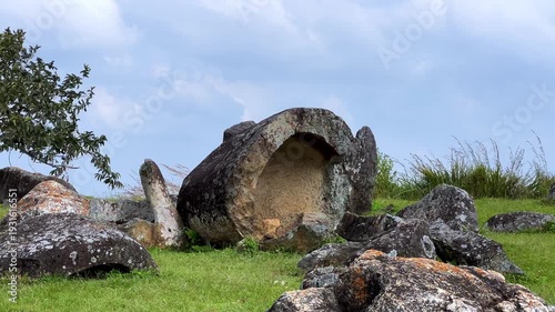 Valley of the Jars, Laos. Phongsavan. Valley of the Jars. The megalithic archaeological landscape consists of thousands of stone jars scattered across the Xiangkhouang Plateau. 4К