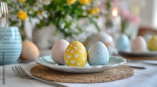 Colorful Easter Eggs on a Table Set for Celebration in a Bright Room During S...