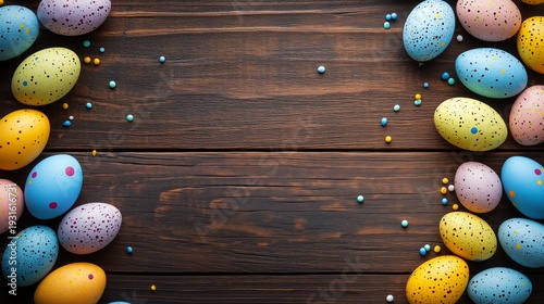 Colorful Decorated Eggs on Wooden Table for Spring Celebration and Holiday Fun