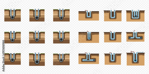 Set of various foundation types and construction elements for building support in cross-section view.