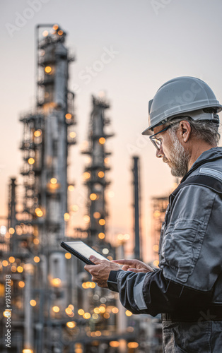 Industrial engineer wearing a helmet inspects a refinery plant using a tablet during dusk.