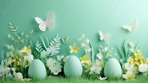 Colorful Paper Flowers and Eggs With Butterflies in a Spring Setting on a Lig...