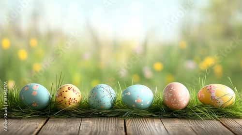 Colorful Easter Eggs on Grass With Flowers in a Garden Setting