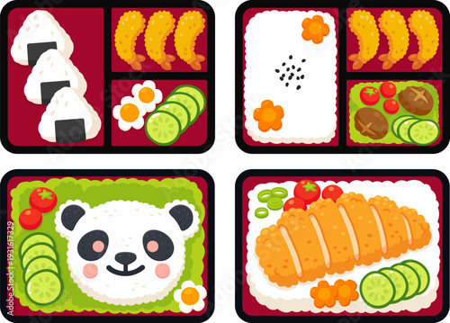 Traditional Japanese bento box lunch with rice, tempura proteins, vegetables. Different set of four, vector illustration.