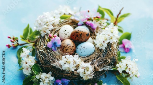 Colorful Eggs in a Nest Surrounded by Flowers on a Blue Background
