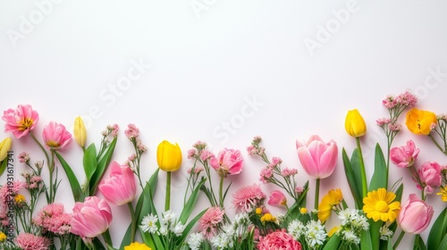 Colorful Flowers Spread out on a White Surface During Spring Season