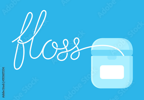 Dental floss box illustration on blue background with thread making text lettering. Vector clip art illustration.