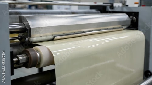 Medium shot of a rolltoroll machine applying a clear wax barrier evenly on paper web highlighting precision coating for industrial packaging applications.