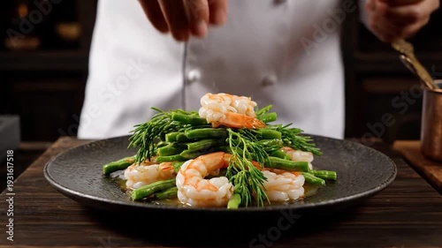 Wallpaper Mural Chef drizzles sauce over a plated shrimp and vegetable dish. Hands, food, dark plate Torontodigital.ca