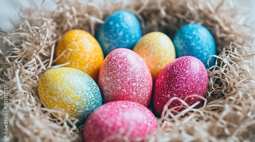 Colorful Eggs Arranged in an Egg Carton for a Festive Celebration in a Bright...