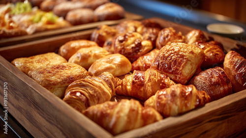 Fresh breads present croissants and rolls selection.