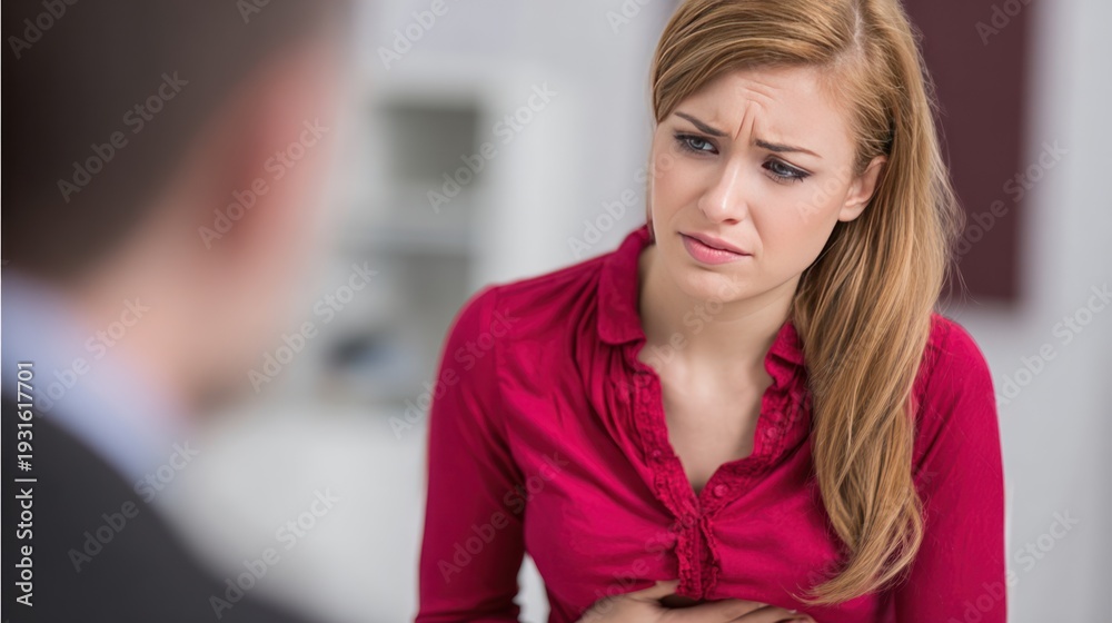 Obraz premium Distressed woman experiencing stomach pain during a conversation.