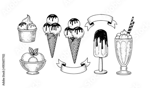 Antique engraved ice cream dessert vector illustration set with gelato sorbet cone and milkshake isolated on white background