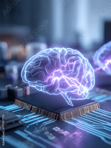 illustration of a brain-shaped puzzle being assembled above a high-speed motherboard. Electrical sparks and neon cyan energy connect the circuit paths to the floating pieces. This represents 