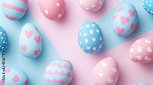 Colorful Easter Eggs Arranged on a Blue and Pink Background for a Festive Cel...