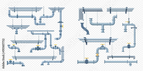 Set of cartoon water pipes, plumbing, and sewage system elements with valves and connections.