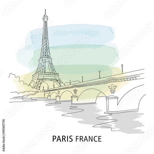 Watercolor illustration of the Eiffel Tower and bridge in Paris France.