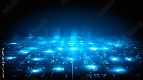 view looking down at a complex grid of light where jigsaw pieces made of digital code and binary numbers float in a synchronized formation. This symbolizes the machine learning process and data 