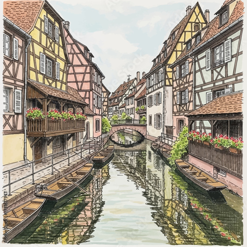 Quaint European canal scene with traditional half-timbered houses and vibrant flowers.