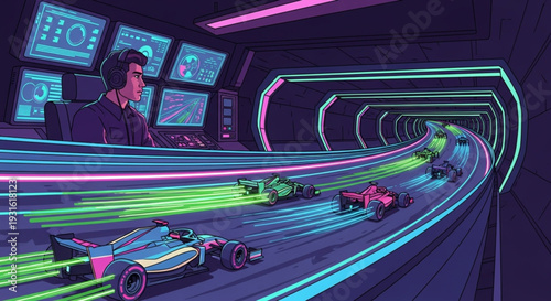A person monitoring a Formula 1 track in real time, following the rhythm of the traffic: laser lights in acid green and electric blue paint the vehicles as they cross futuristic tunnels — vector.